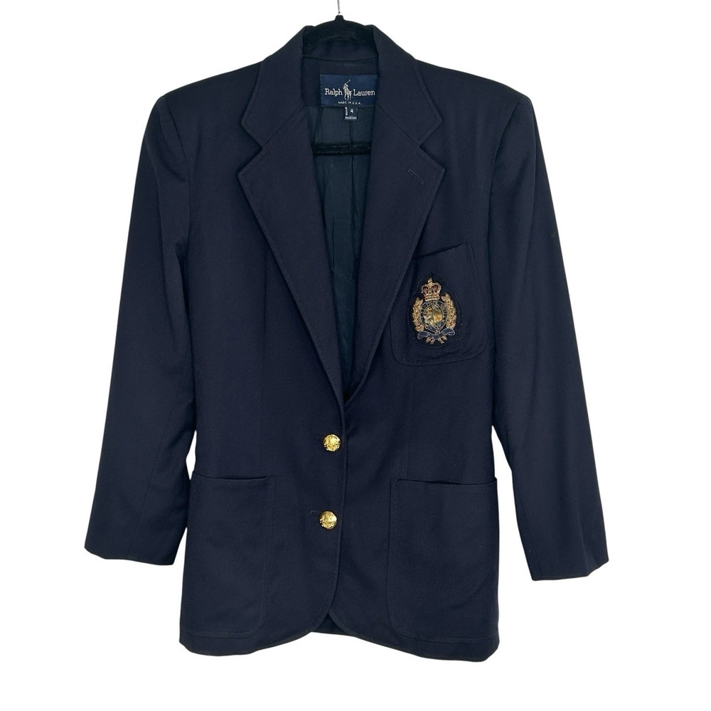 VTG Ralph Lauren Wool Crest Blazer Jacket 4 Preppy Equestrian Old Money Blue USA